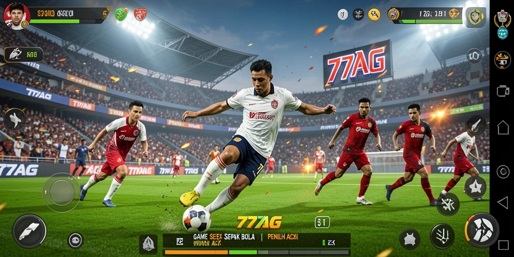 Tangkapan layar gameplay <strong>77AG</strong> menampilkan kepadatan aksi pertandingan sepak bola.