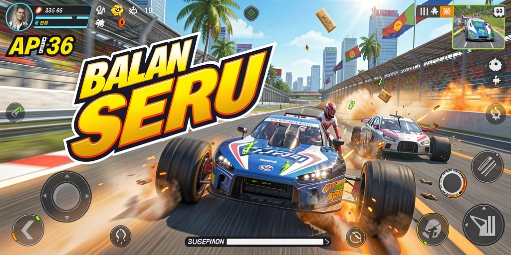 Gameplay menegangkan dengan mobil balap cepat di trek.