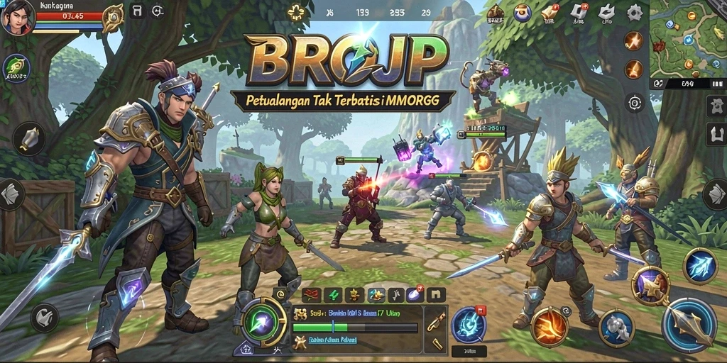 Tampilan gameplay BROJP dengan karakter yang sedang bertarung di dunia MMORPG.