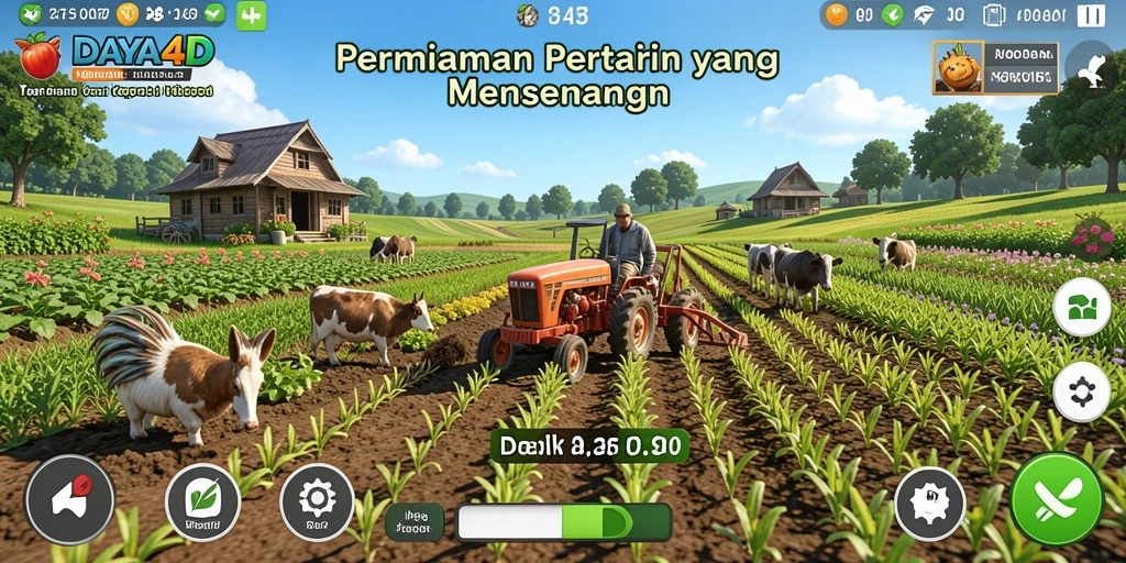 Tangkapan layar utama menunjukkan aktivitas bertani yang menarik di DAYA4D.