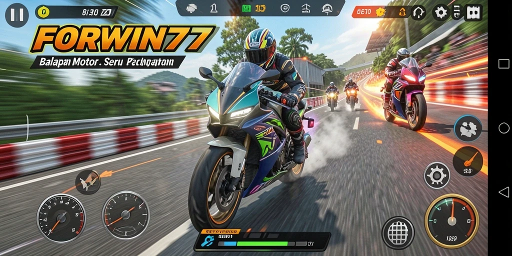 Screenshot gameplay FORWIN77 yang menunjukkan aksi balapan motor yang mendebarkan.