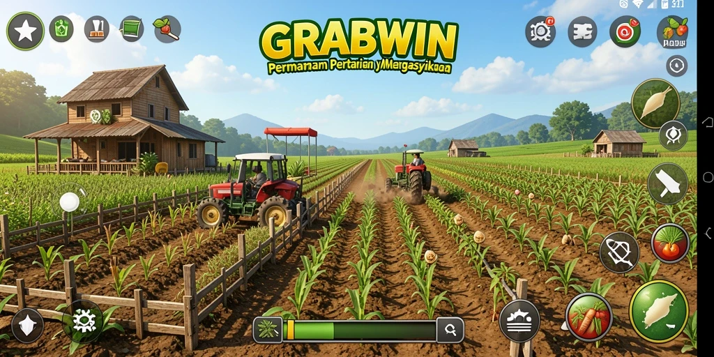 Tampilan gameplay mengasyikkan dari GRABWIN dengan ladang yang subur.