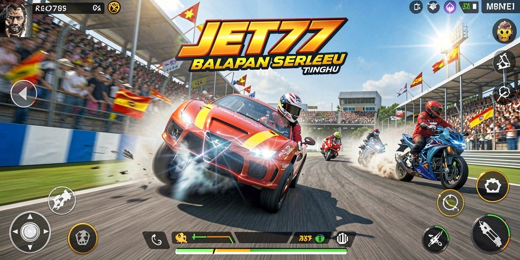Tampilan gameplay JET77 dengan mobil balap berkecepatan tinggi di lintasan menantang.