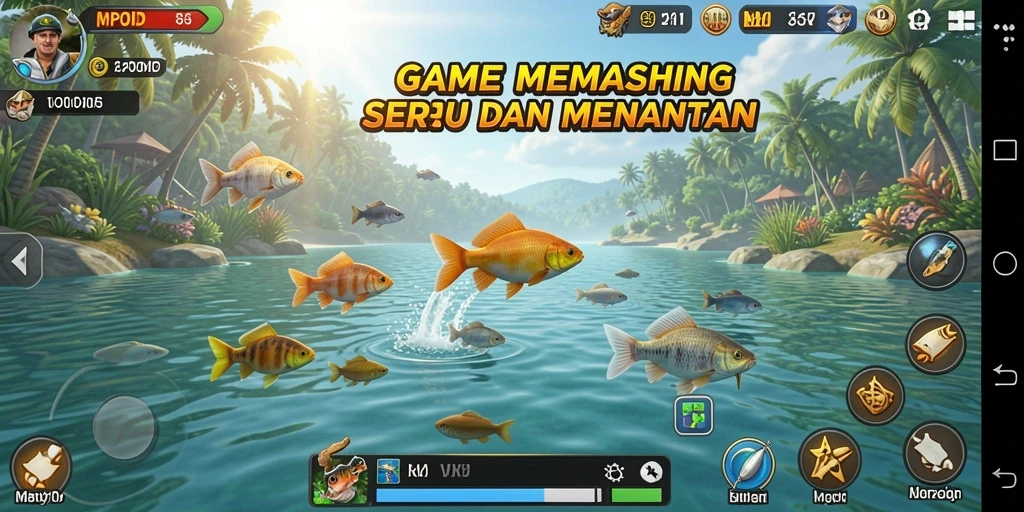 Screenshot MPOID menampilkan pemain sedang memancing di danau yang indah.