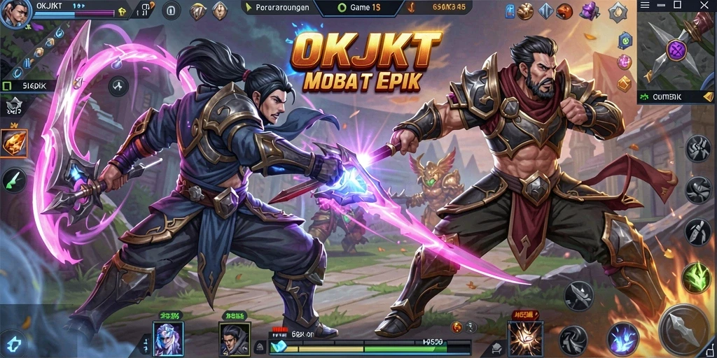 Tangkapan layar permainan OKJKT menampilkan aksi pertempuran seru di arena.