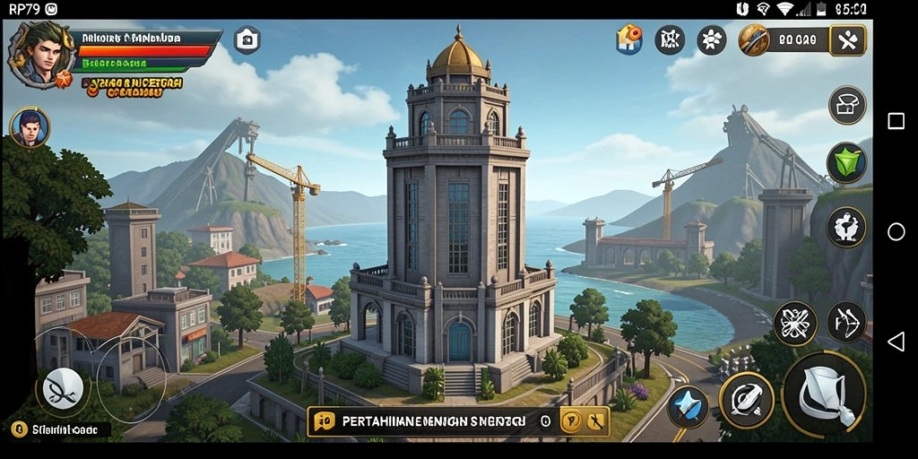 Tampilan screenshot RP79 menampilkan serangan musuh dan pertahanan menara.