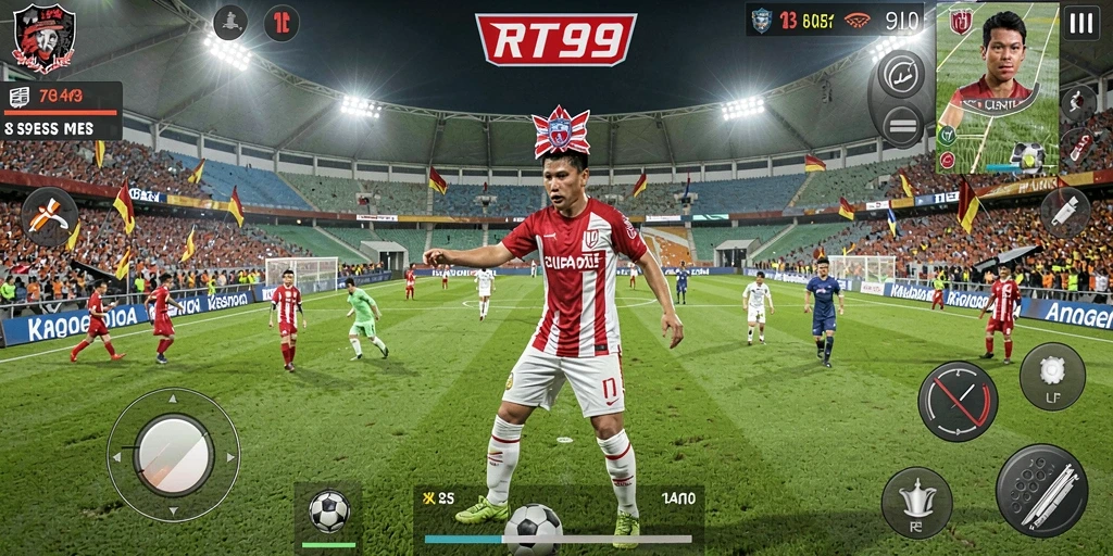 Gameplay RT99 yang mendebarkan dan realistis dalam pertandingan sepak bola.