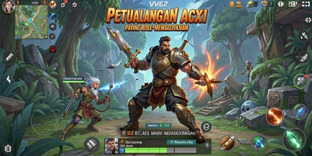 Screenshot gameplay menunjukkan aksi pertarungan mendebarkan di dunia VV62.